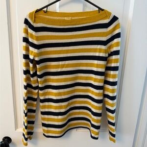 J. Crew Mustard and Navy Striped Cashmere Crew Neck Sweater